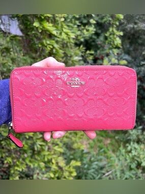 COACH Long Zip-Around Phone Wallet Pink Embossed Leather w Gold Hardware